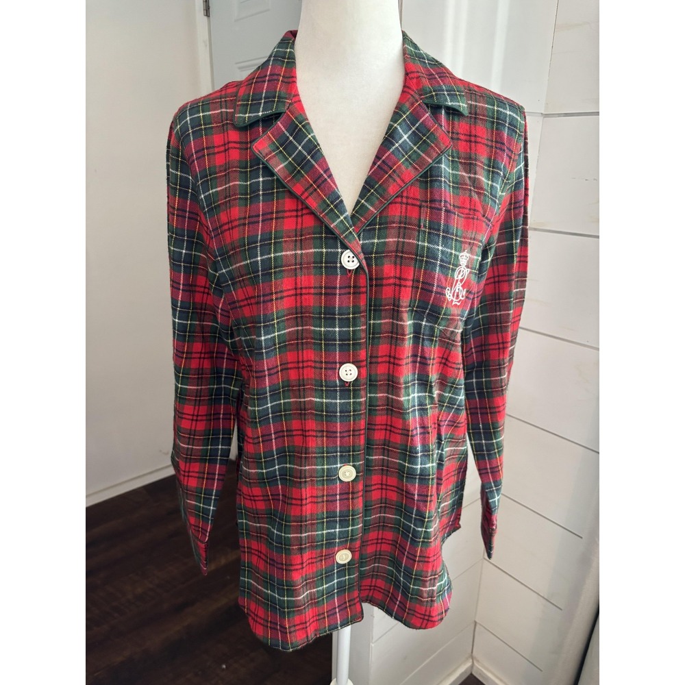 Lauren Ralph Lauren‎ Shirt Womens Medium Red Green Plaid Cotton Sleep Pajama Top